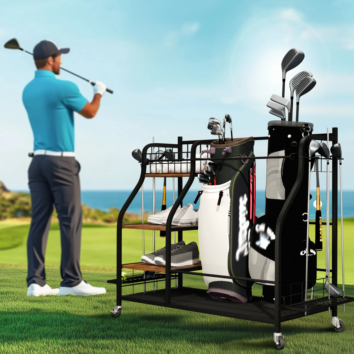 Rolling Metal Three Tier Storage Rack for Golf Bags