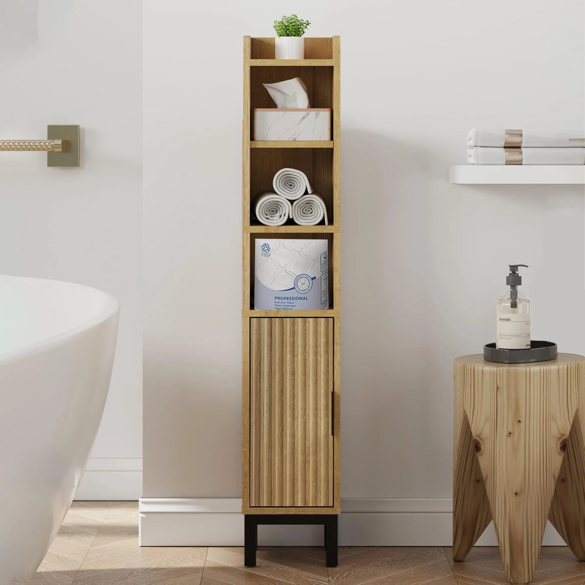 Five Tier Wooden Corner Bathroom Toilet Paper Storage Cabinet With Door