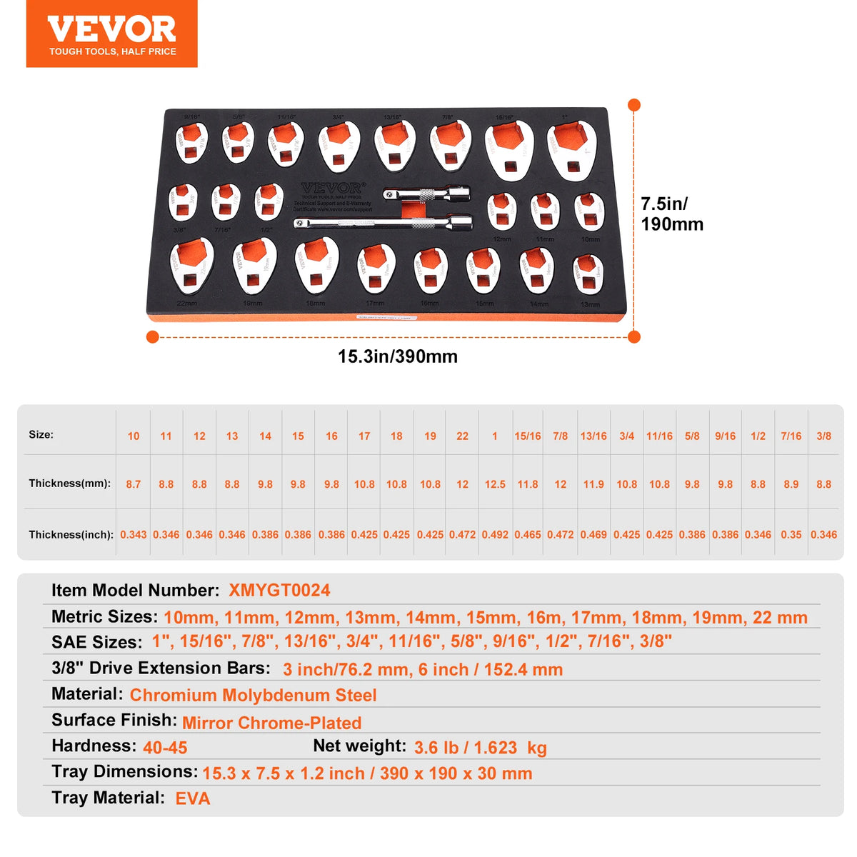 SucceBuy Chromium Vanadium Steel Crowfoot Wrench Set