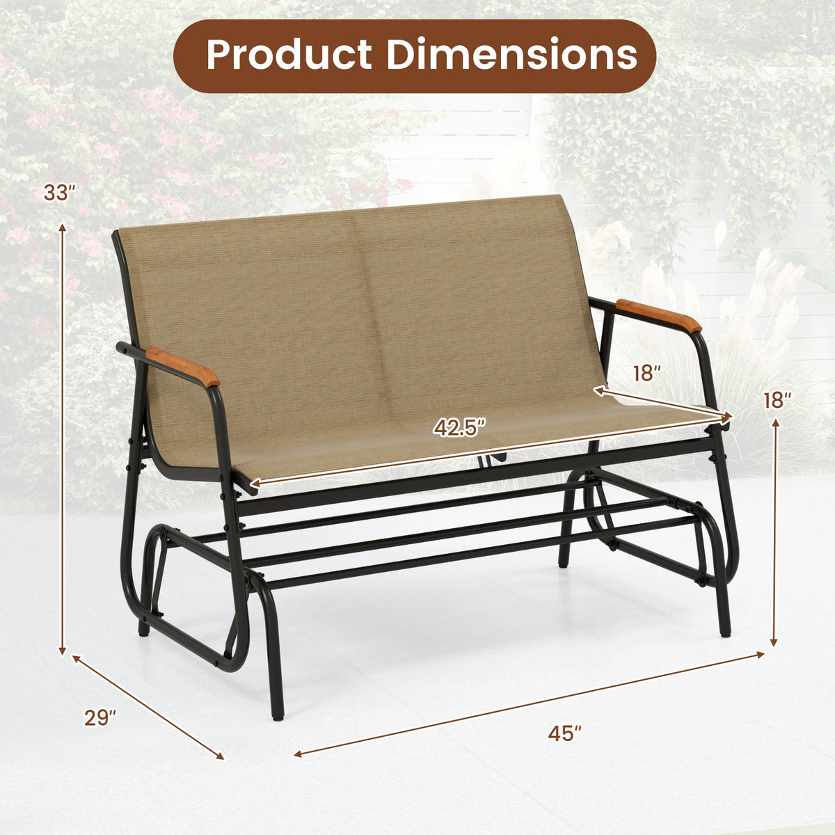 LIFEZEAL Patio Glider Bench With Curved Teak Armrests For Porch