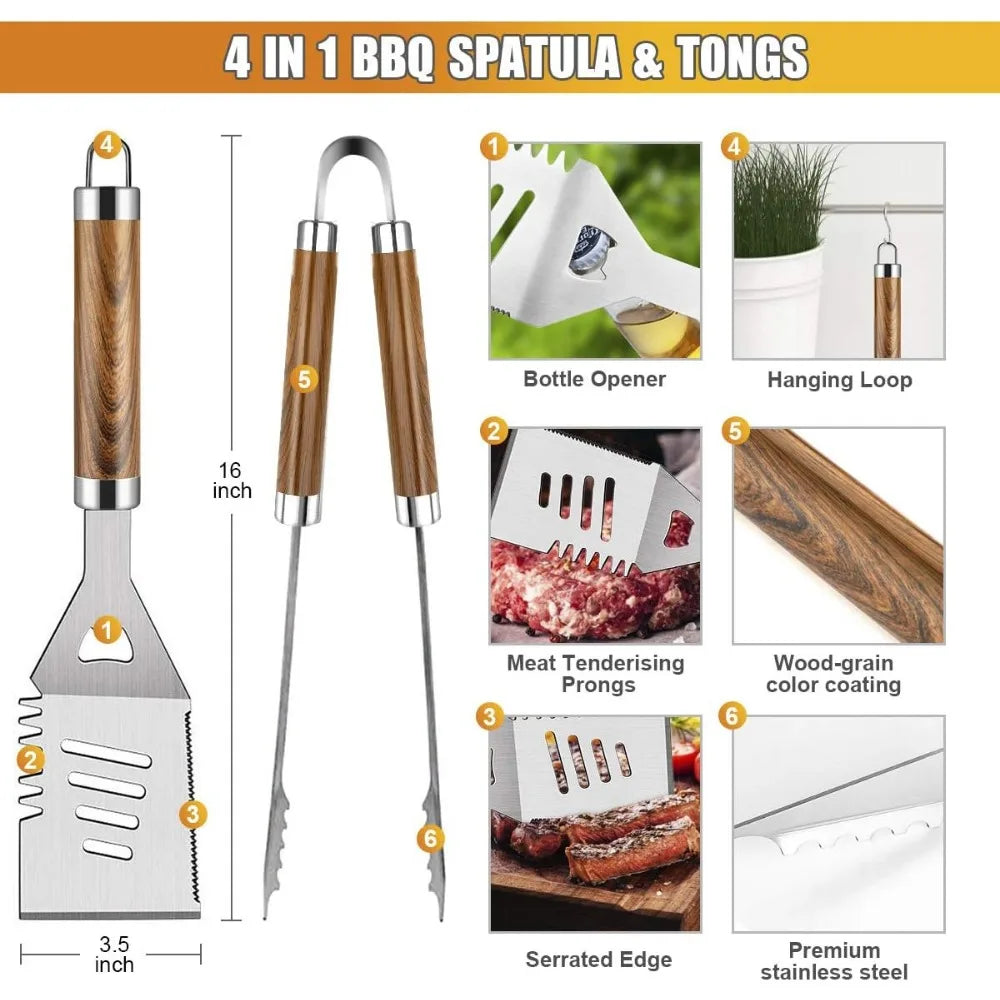 38 Piece Stainless Steel BBQ Tool Set with Thermometer Grill Mats and Aluminum Case for Camping or Backyard