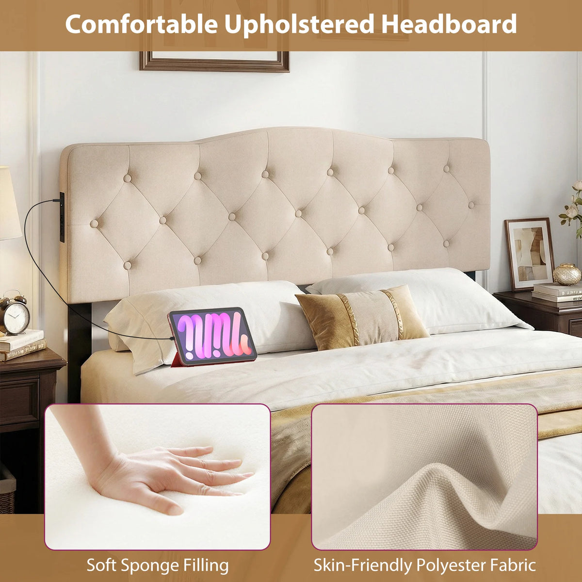 Homasis Tufted Upholstered Headboard With Built In Outlets