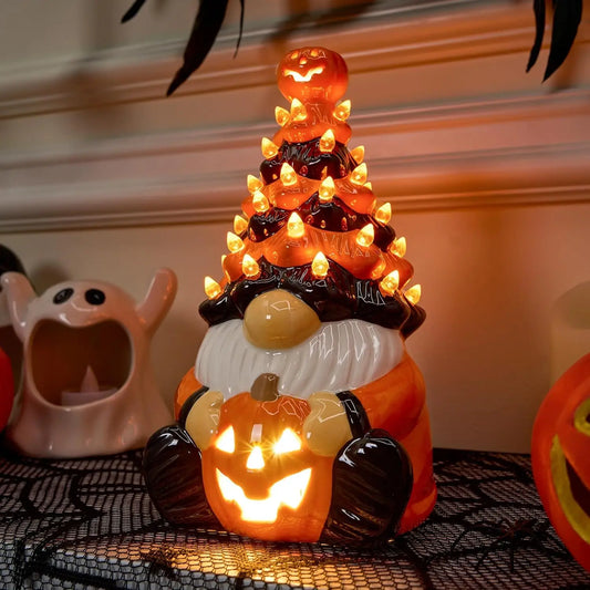 Pumpkin Gnome Ceramic Tree With Battery Powered Halloween Decor