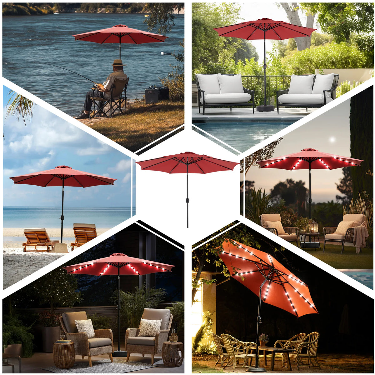 JHK Solar Patio Umbrella With LED Lights Tilt And Crank