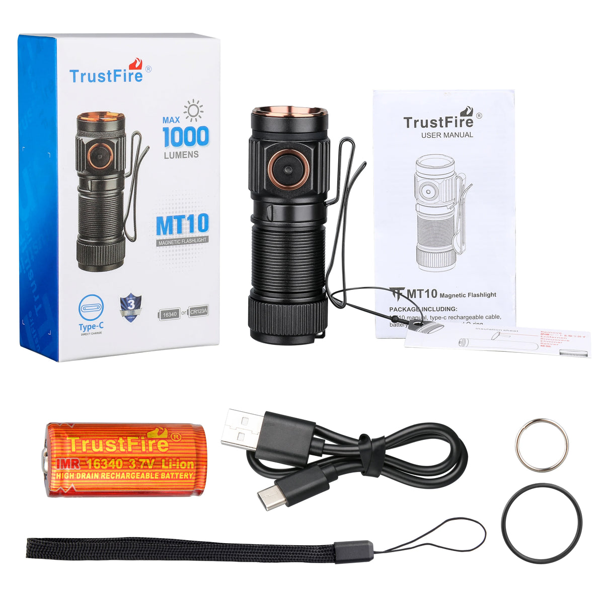 TrustFire MT10 Rechargeable LED Flashlight 1000 Lumens USB C Charging