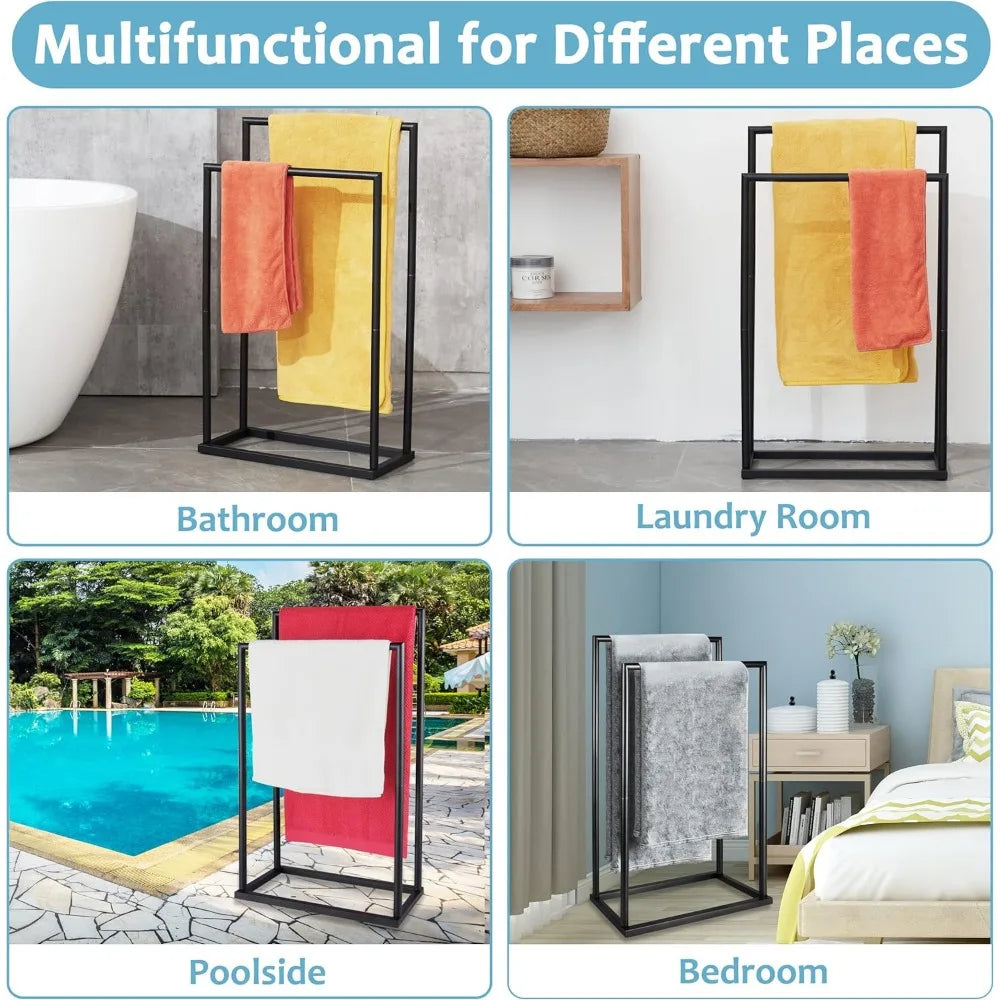 Free Standing 2 Tier Towel Rack with Storage Shelves for Bathroom Poolside Blanket Drying Holder