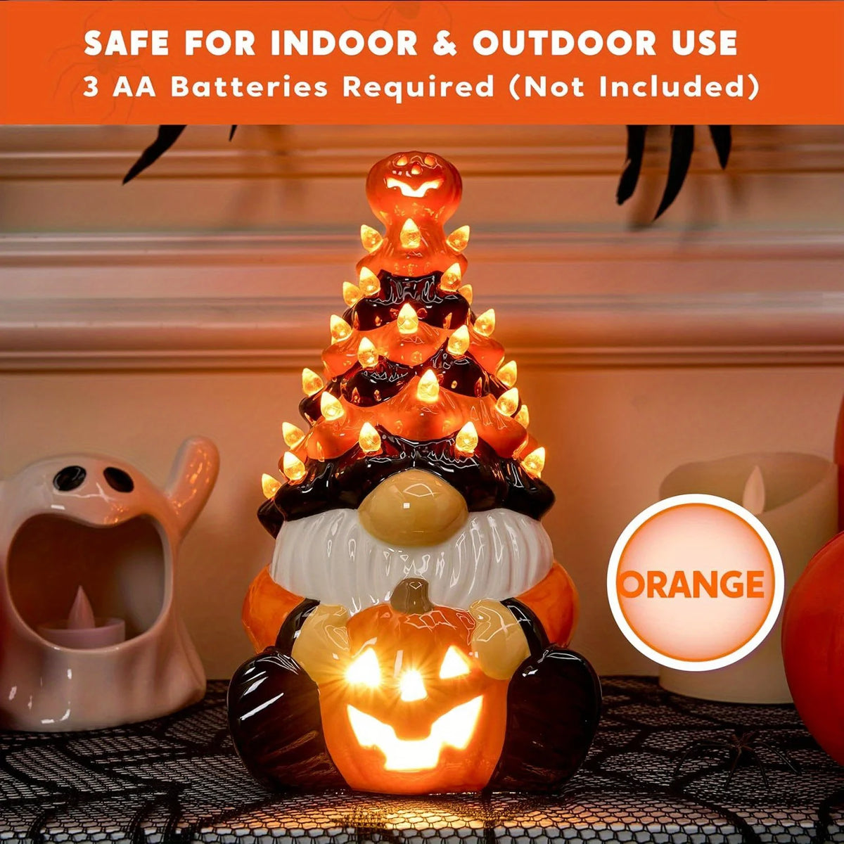 Pumpkin Gnome Ceramic Tree With Battery Powered Halloween Decor