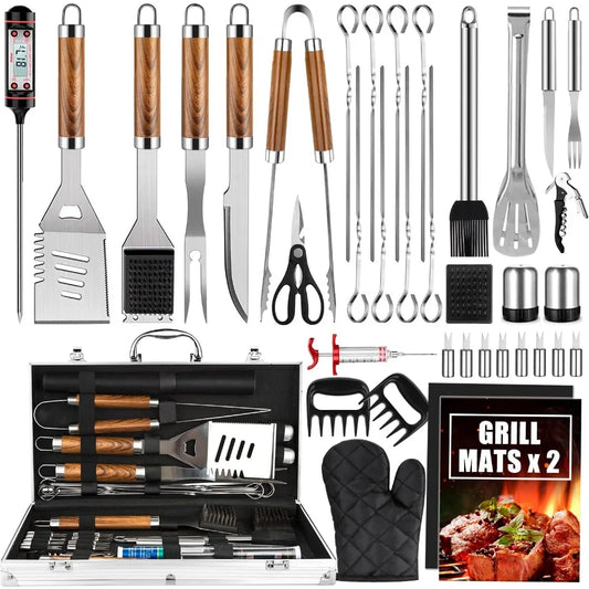 38 Piece Stainless Steel BBQ Tool Set with Thermometer Grill Mats and Aluminum Case for Camping or Backyard