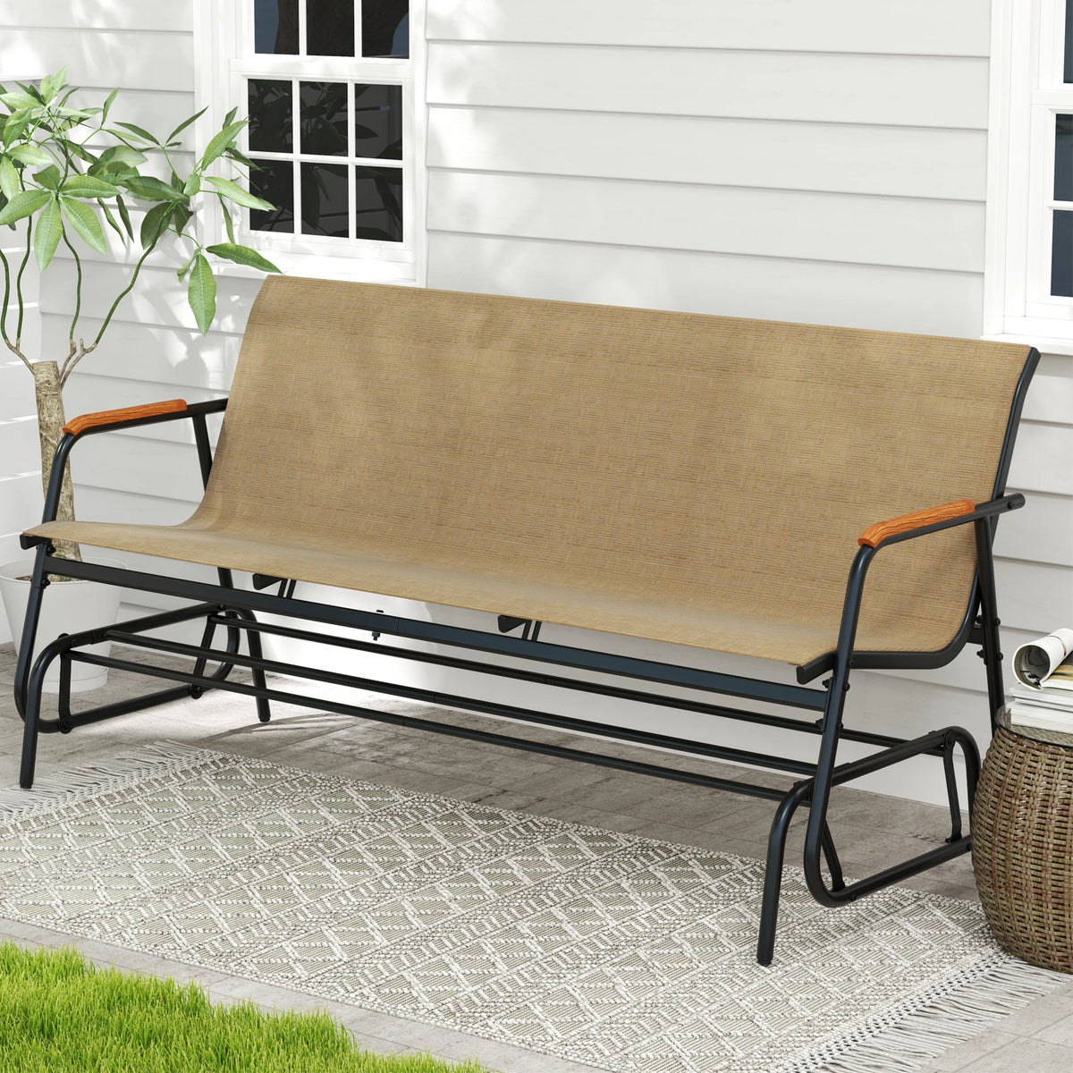 LIFEZEAL Patio Glider Bench With Curved Teak Armrests For Porch
