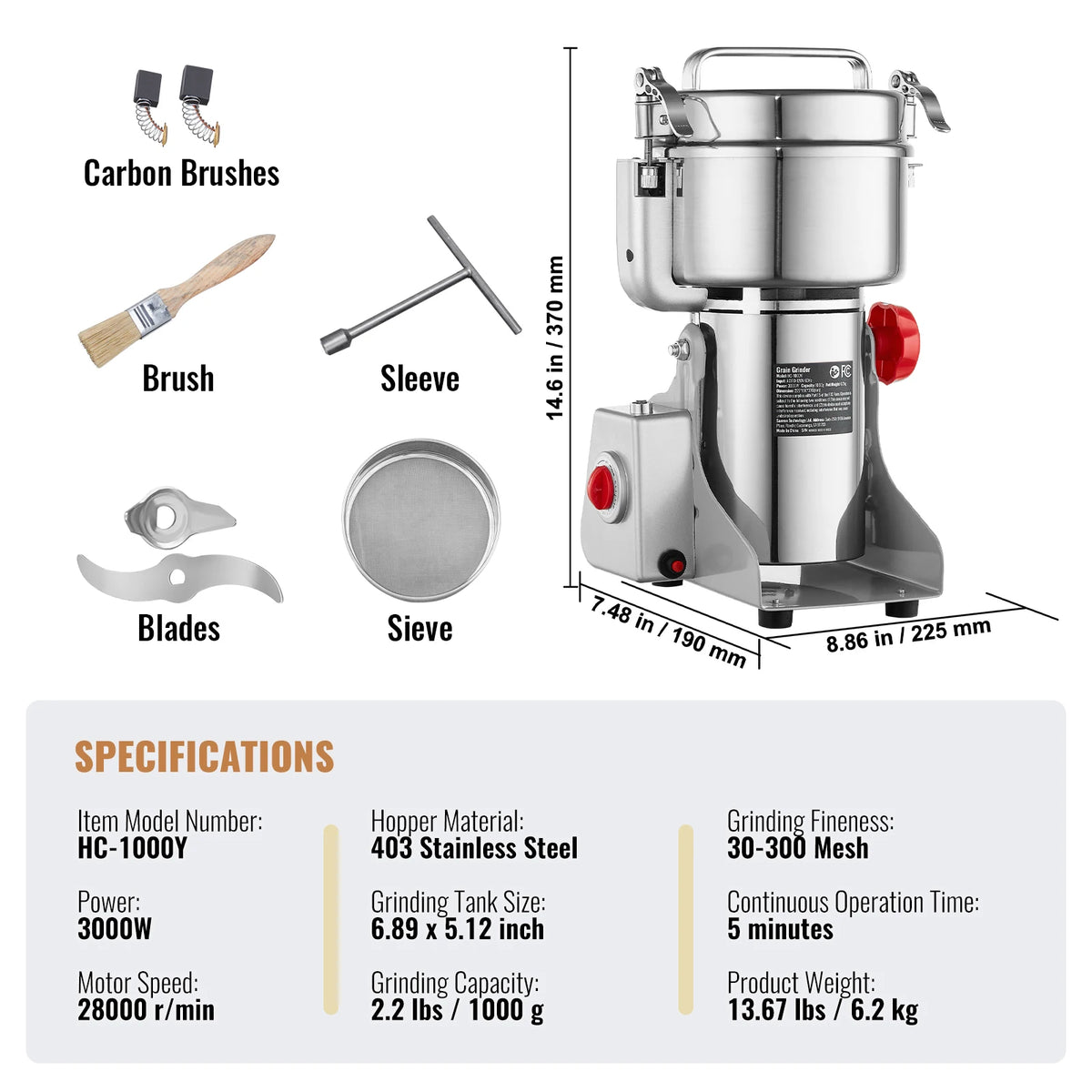 SucceBuy Commercial Electric Grain Mill and Spice Grinder
