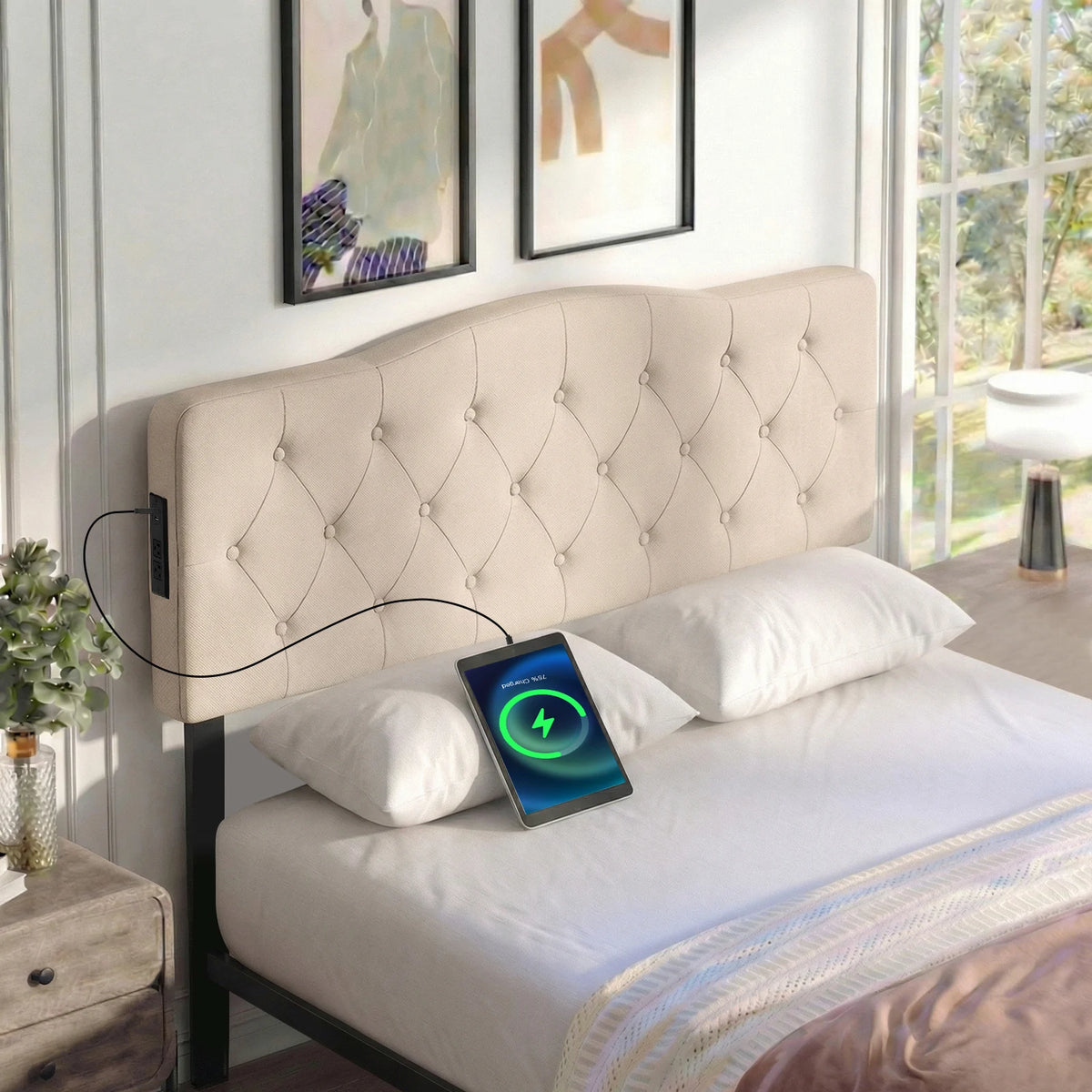 Homasis Tufted Upholstered Headboard With Built In Outlets