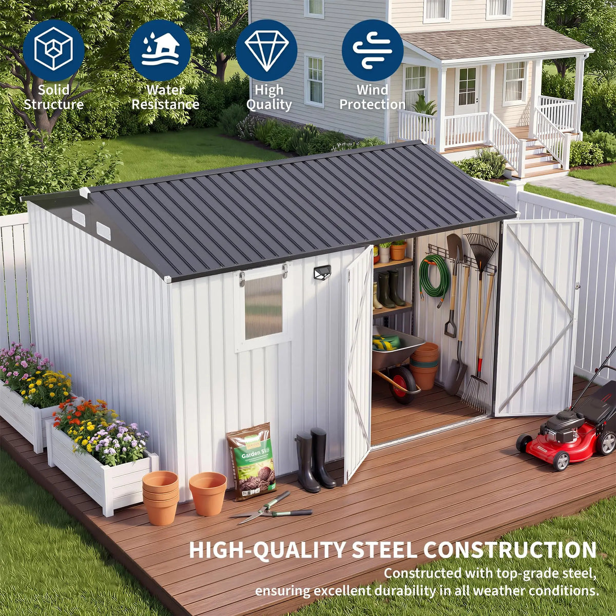 HiMISS Steel Garden Storage Shed Featuring Secure Lockable Doors