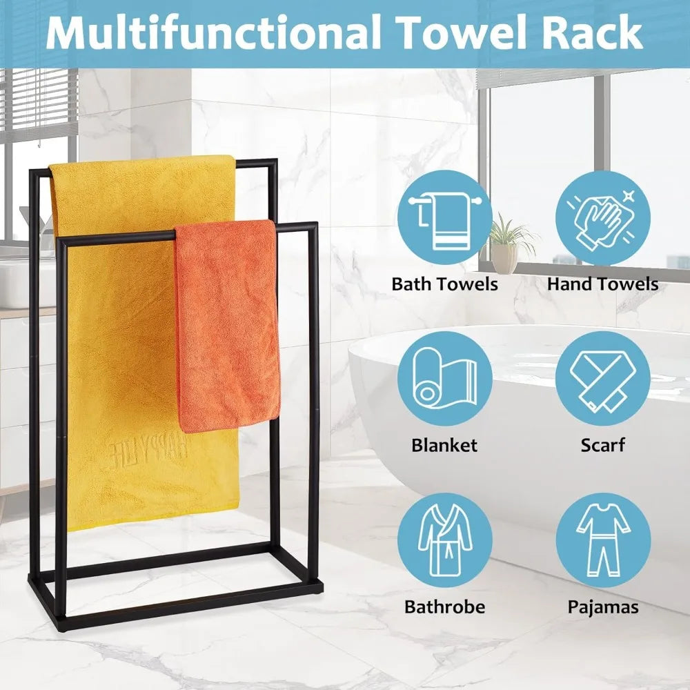 Free Standing 2 Tier Towel Rack with Storage Shelves for Bathroom Poolside Blanket Drying Holder