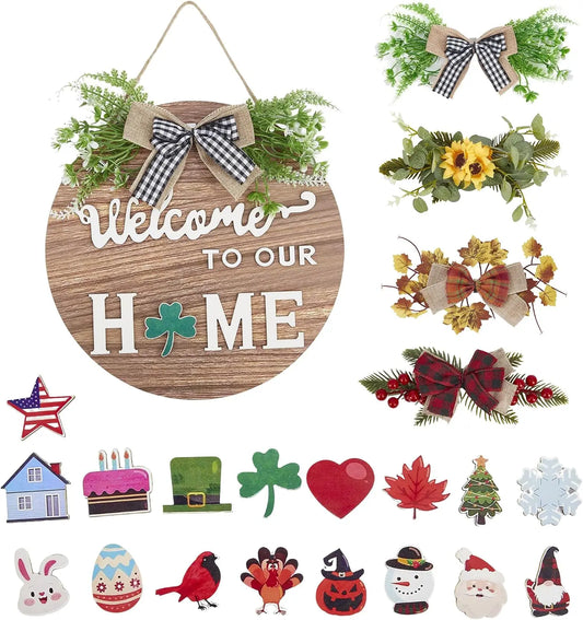 Interchangeable Welcome Home Sign Seasonal Front Door Wreath Decor