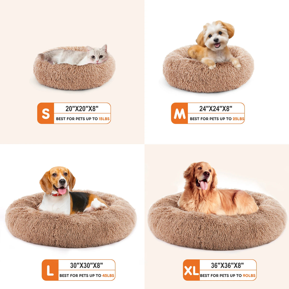 JHK Calming Round Dog Bed Fluffy Plush Washable Faux Fur