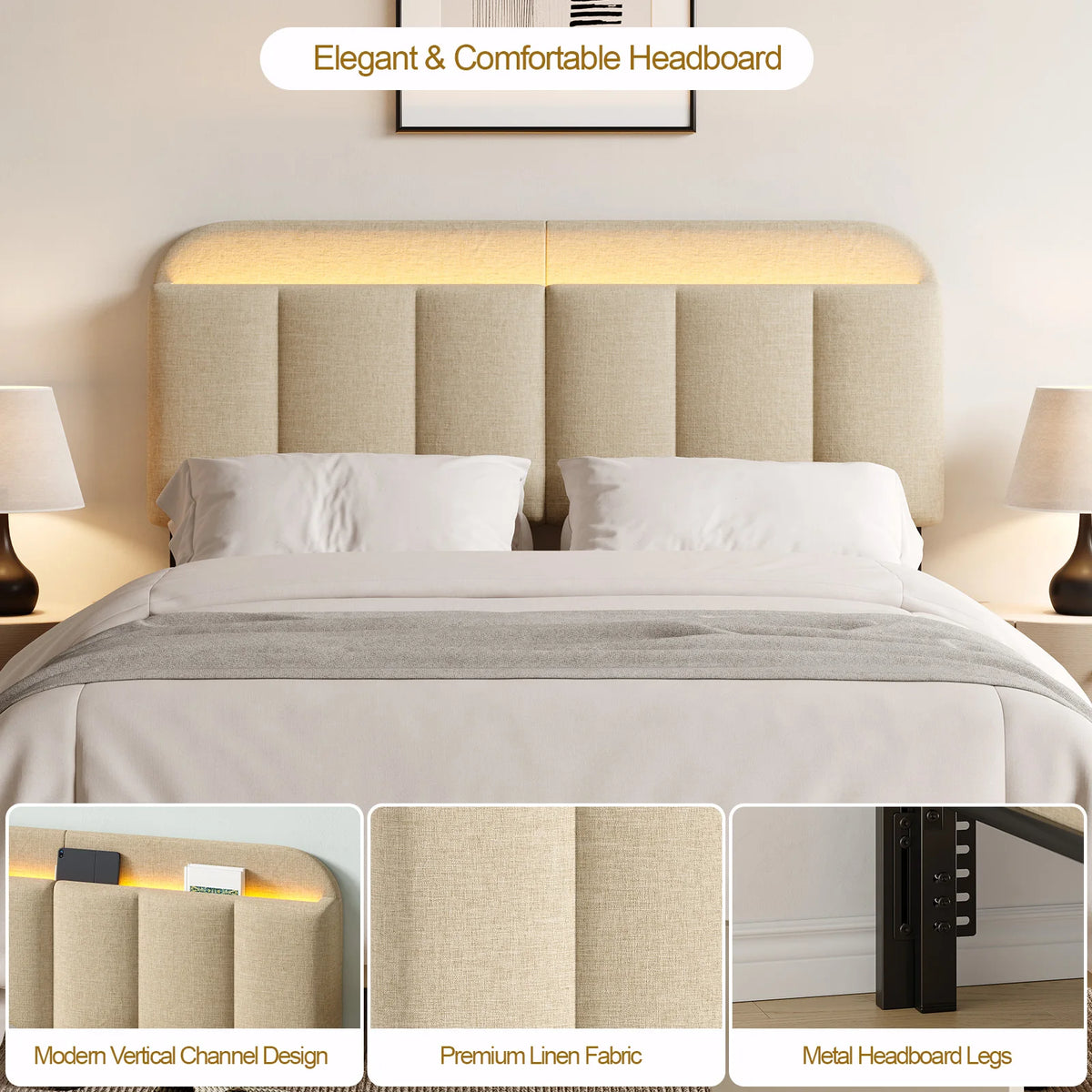 Onbrill Adjustable Linen Headboard With Integrated LED Lighting And Storage