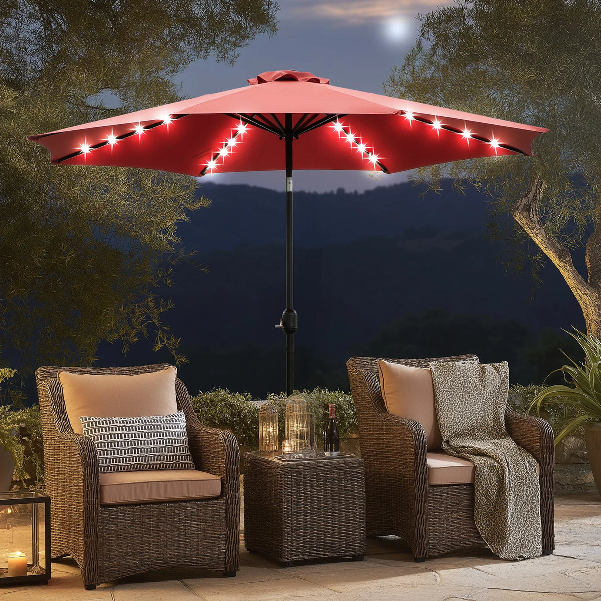 JHK Solar Patio Umbrella With LED Lights Tilt And Crank