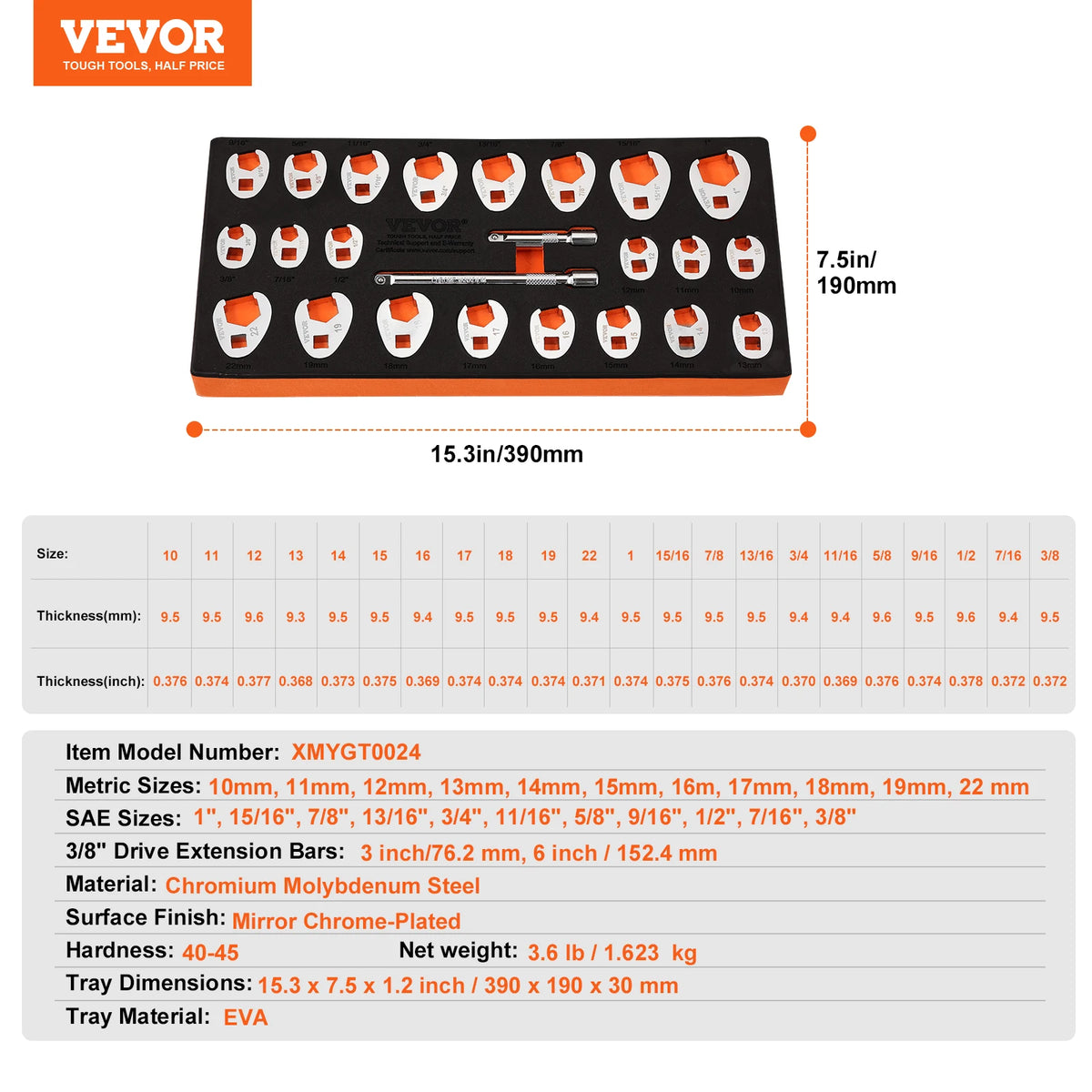 SucceBuy Chromium Vanadium Steel Crowfoot Wrench Set