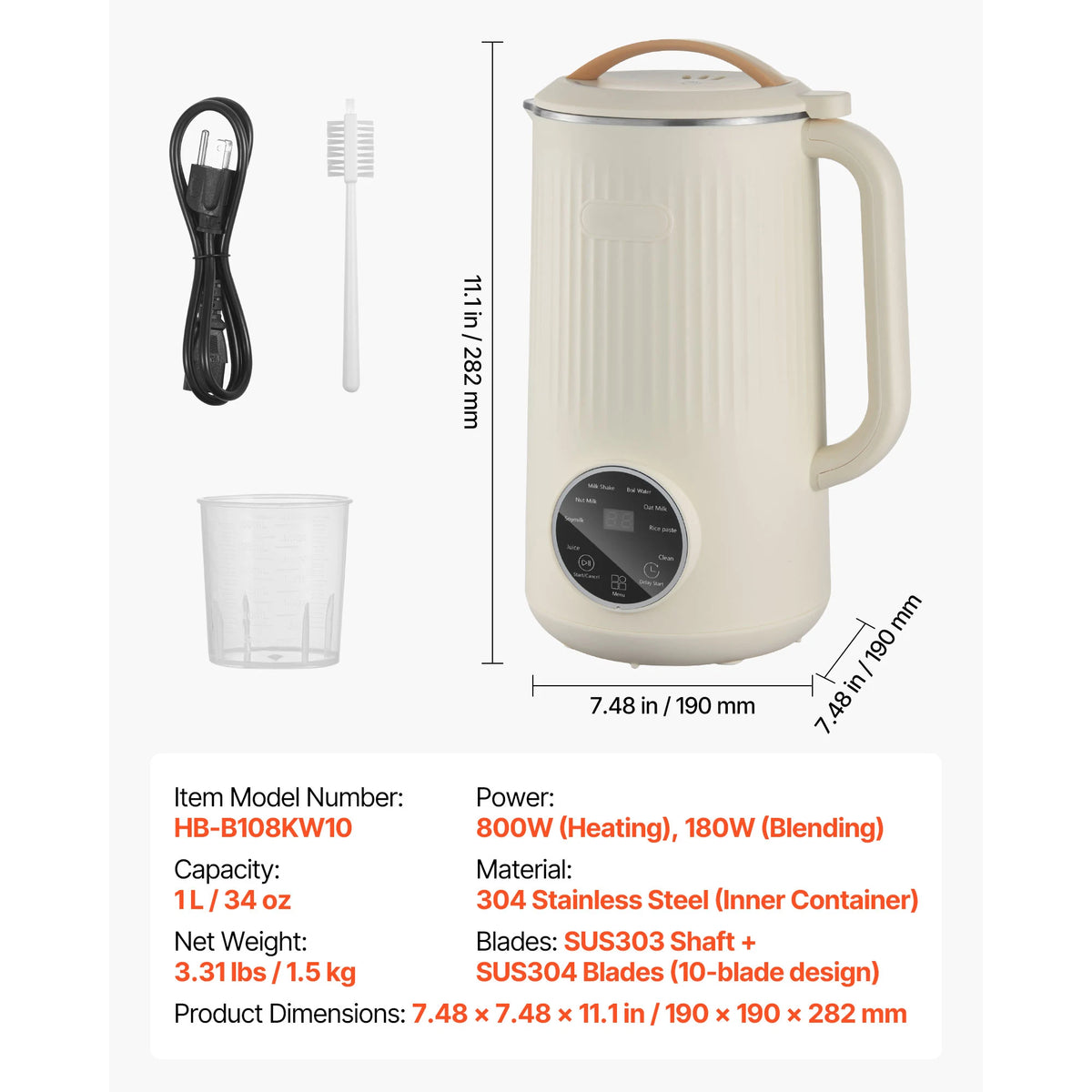 VEVOR 8 In 1 Nut Milk Maker With Self Cleaning Function