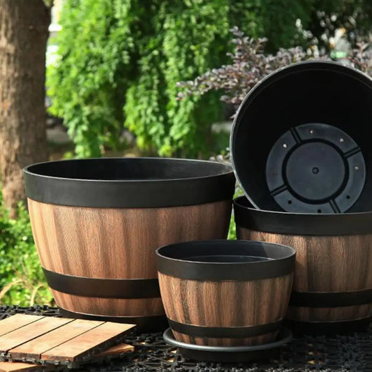 Rustic Farmhouse Whiskey Barrel Plastic Planter With Drainage