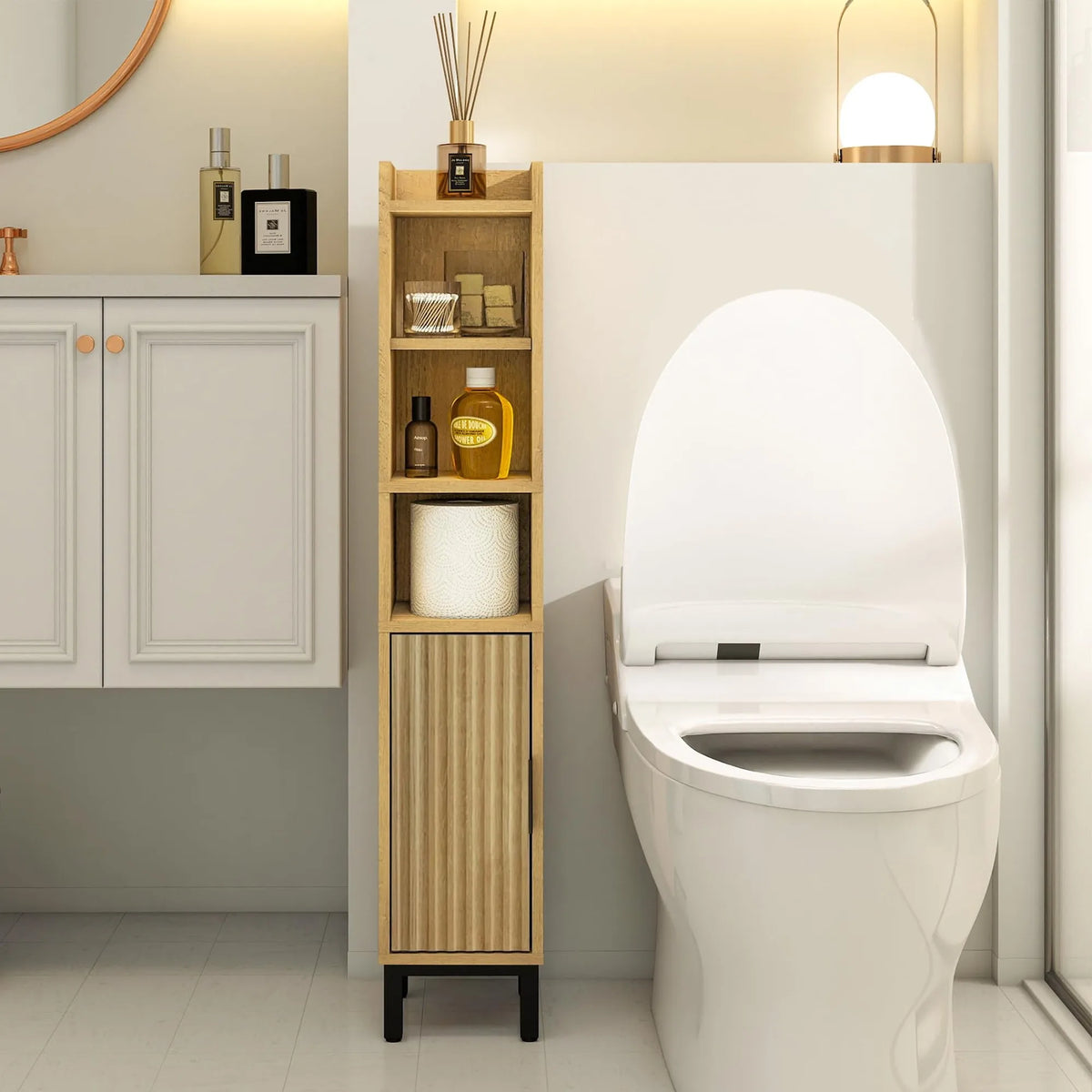 Five Tier Wooden Corner Bathroom Toilet Paper Storage Cabinet With Door