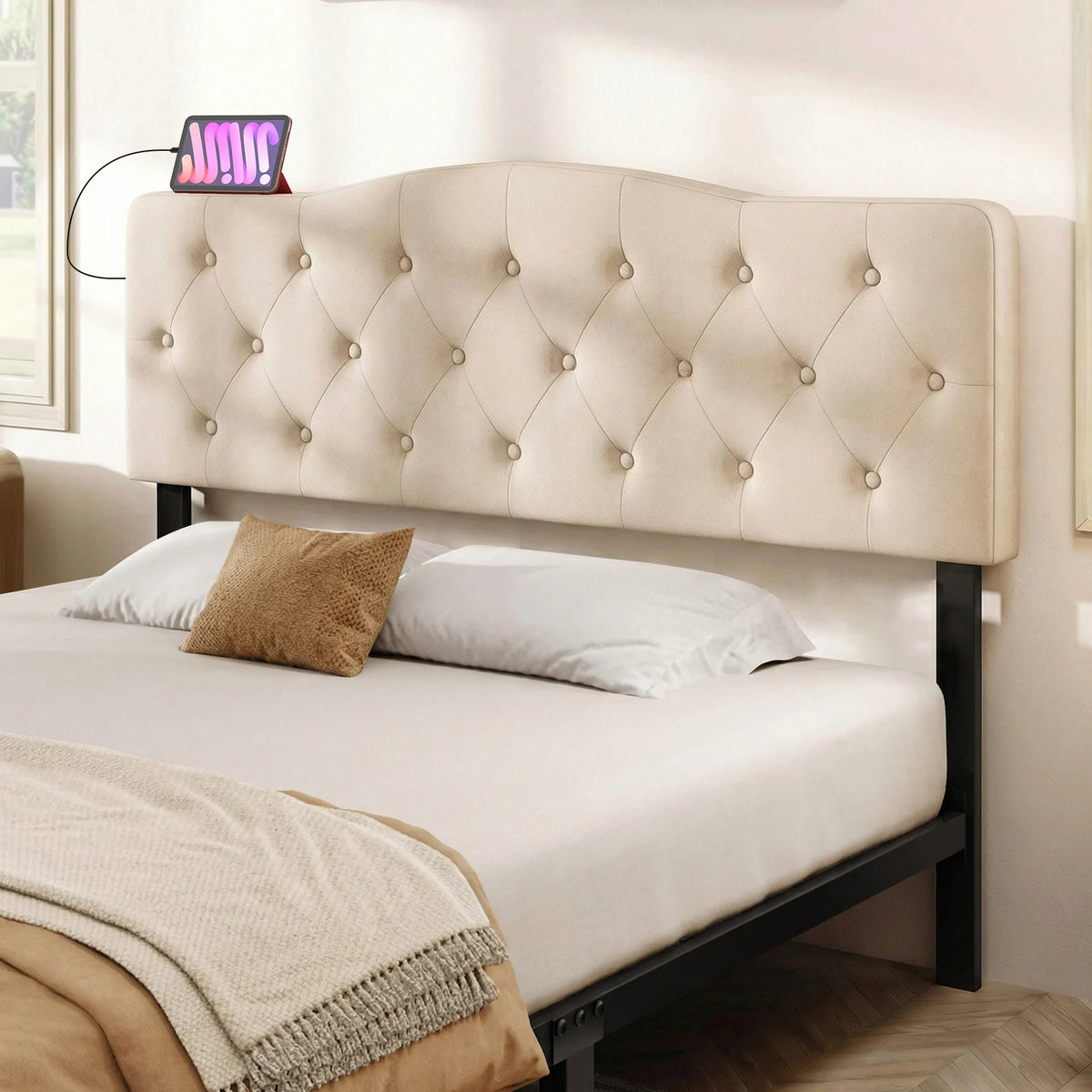 Homasis Tufted Upholstered Headboard With Built In Outlets