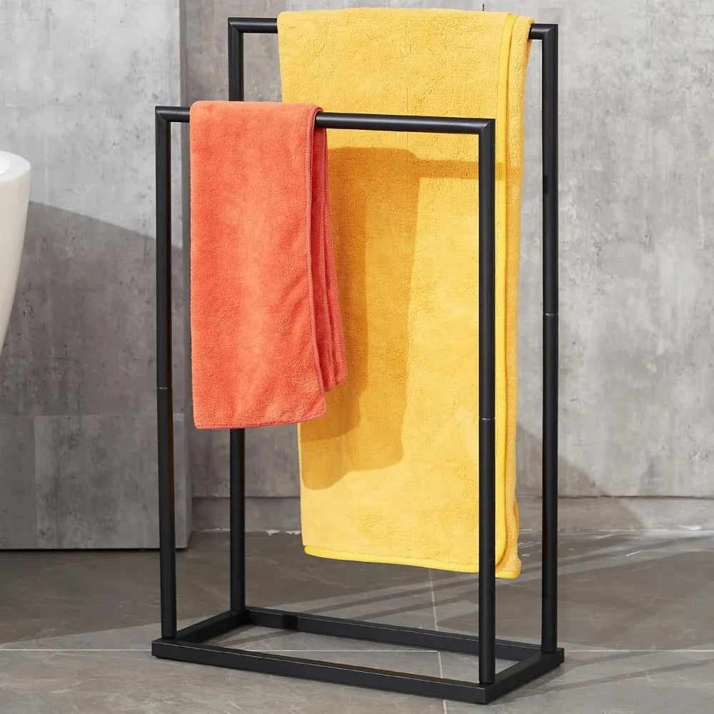 Free Standing 2 Tier Towel Rack with Storage Shelves for Bathroom Poolside Blanket Drying Holder