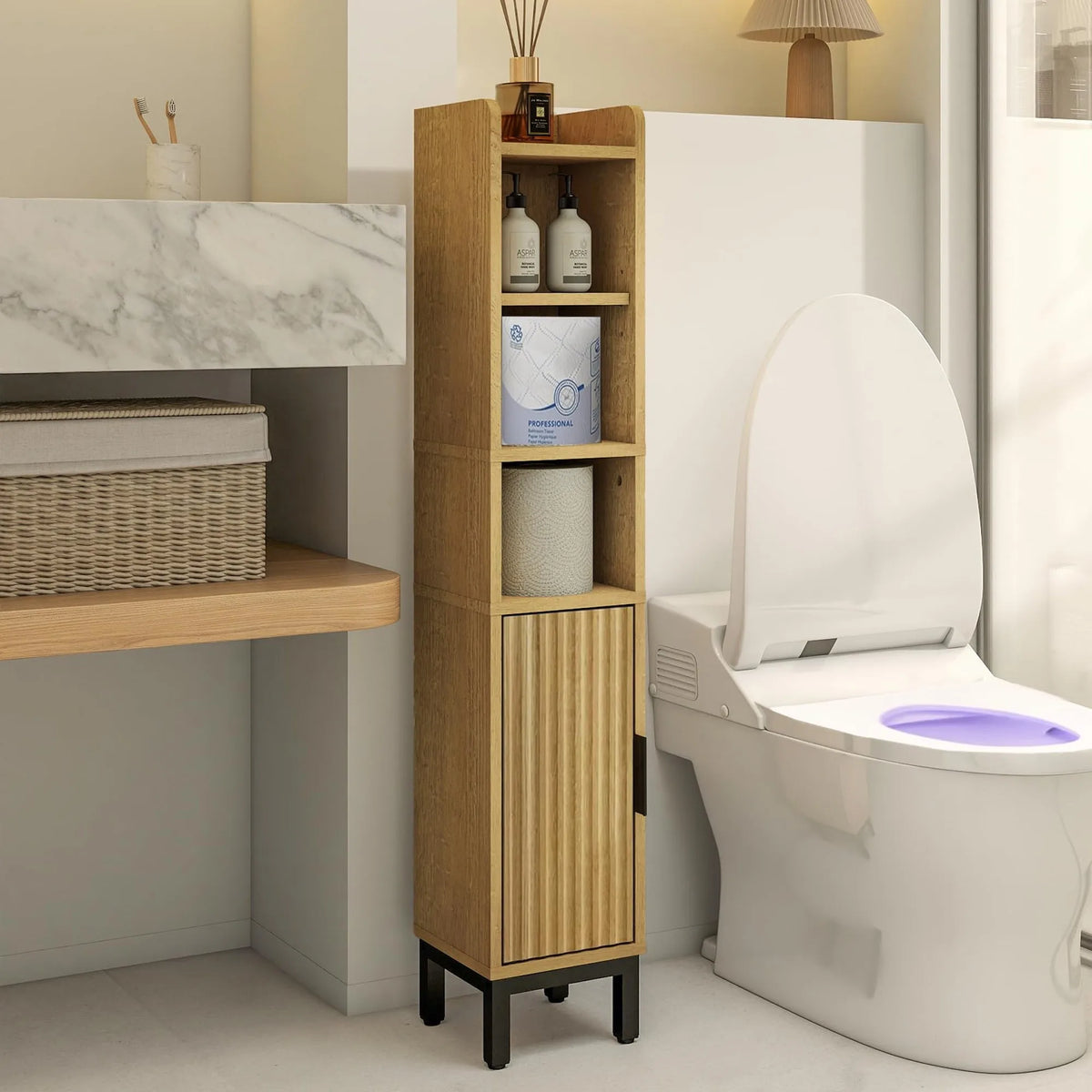 Five Tier Wooden Corner Bathroom Toilet Paper Storage Cabinet With Door