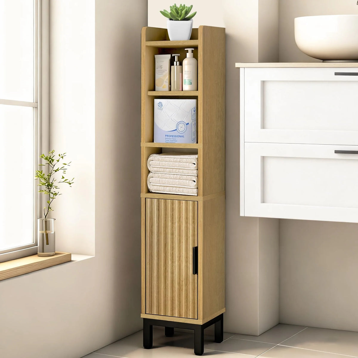 Five Tier Wooden Corner Bathroom Toilet Paper Storage Cabinet With Door