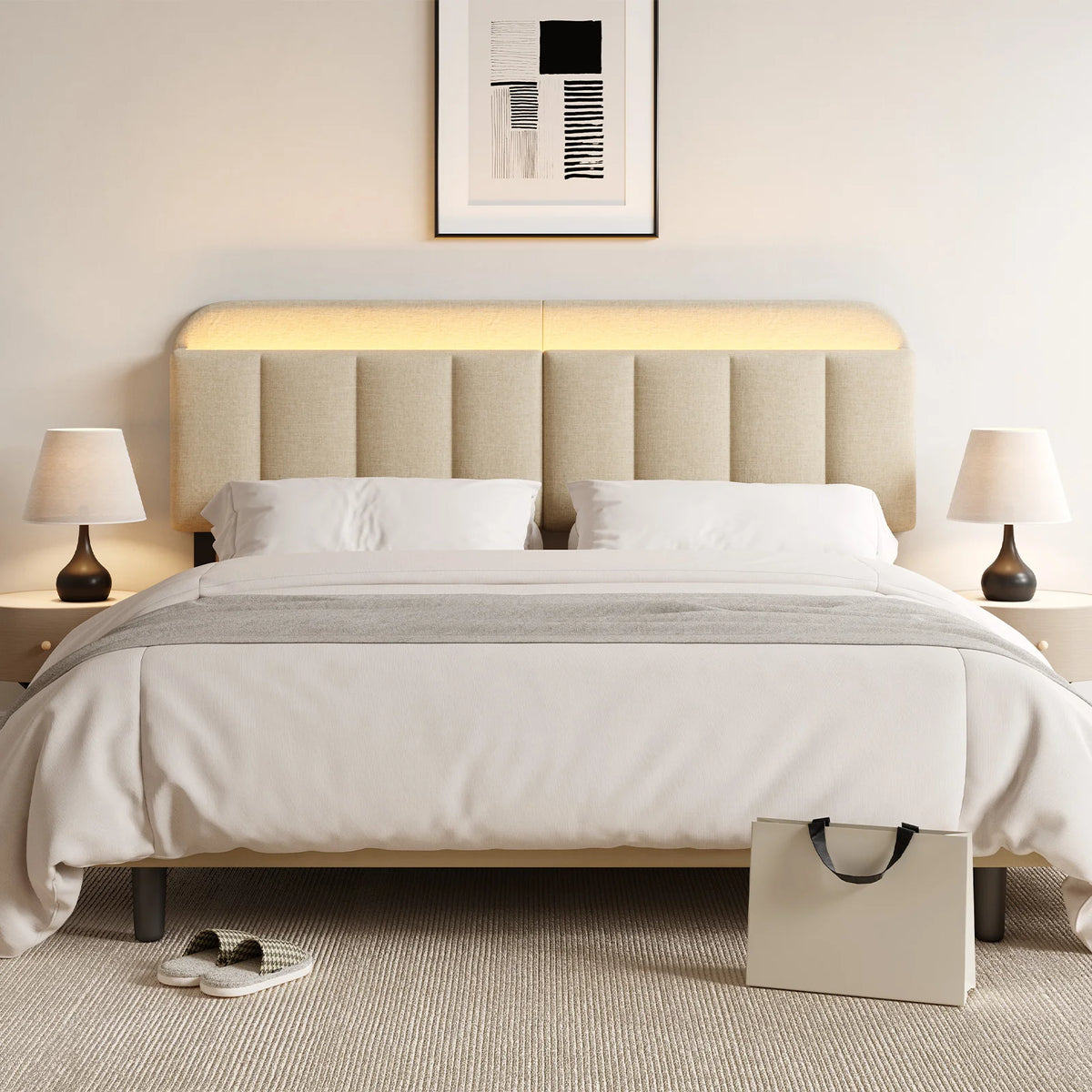 Onbrill Adjustable Linen Headboard With Integrated LED Lighting And Storage
