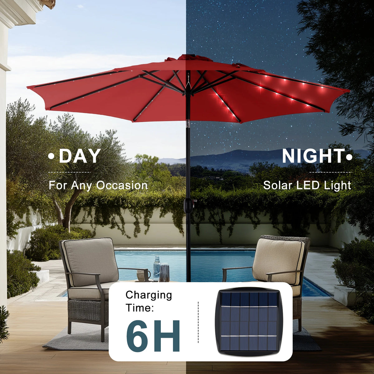 JHK Solar Patio Umbrella With LED Lights Tilt And Crank