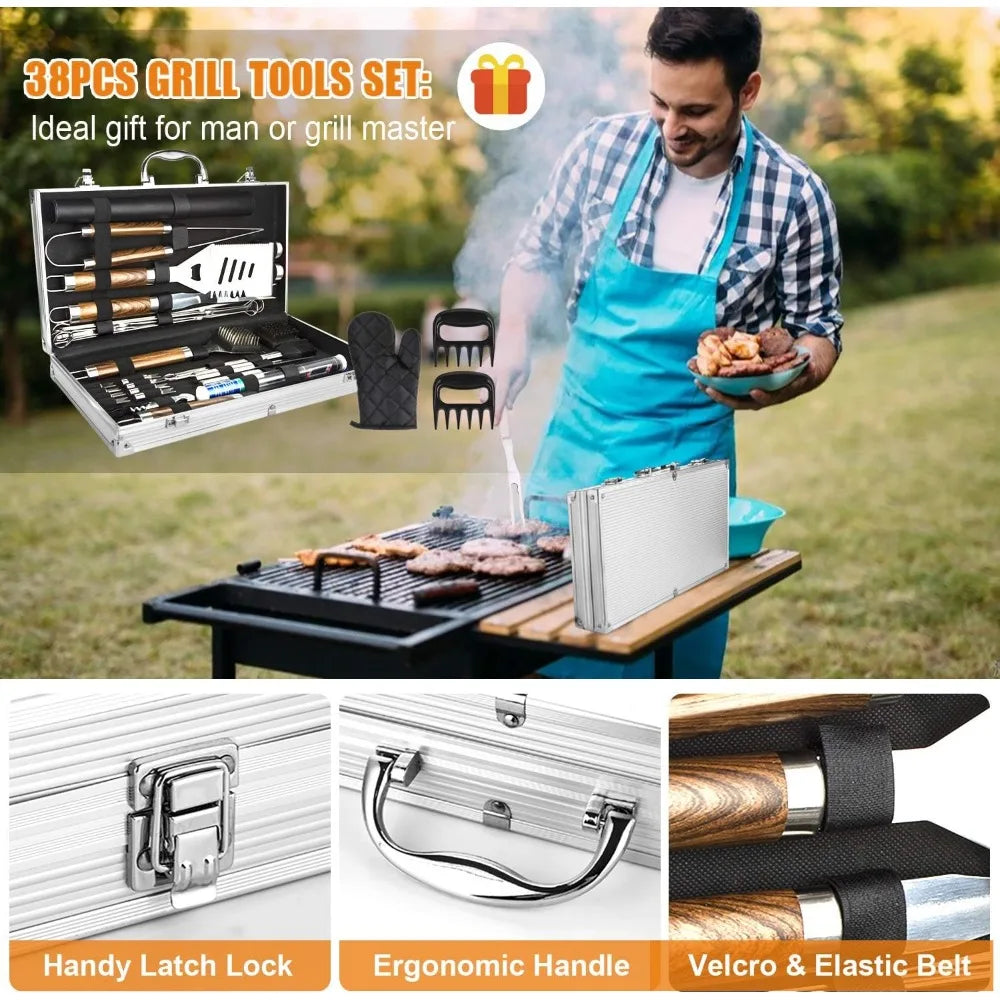 38 Piece Stainless Steel BBQ Tool Set with Thermometer Grill Mats and Aluminum Case for Camping or Backyard