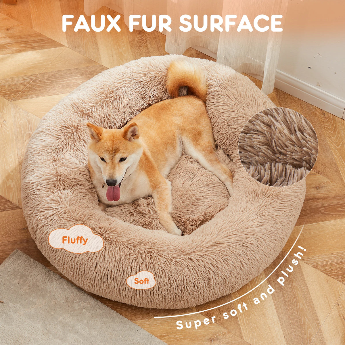 JHK Calming Round Dog Bed Fluffy Plush Washable Faux Fur