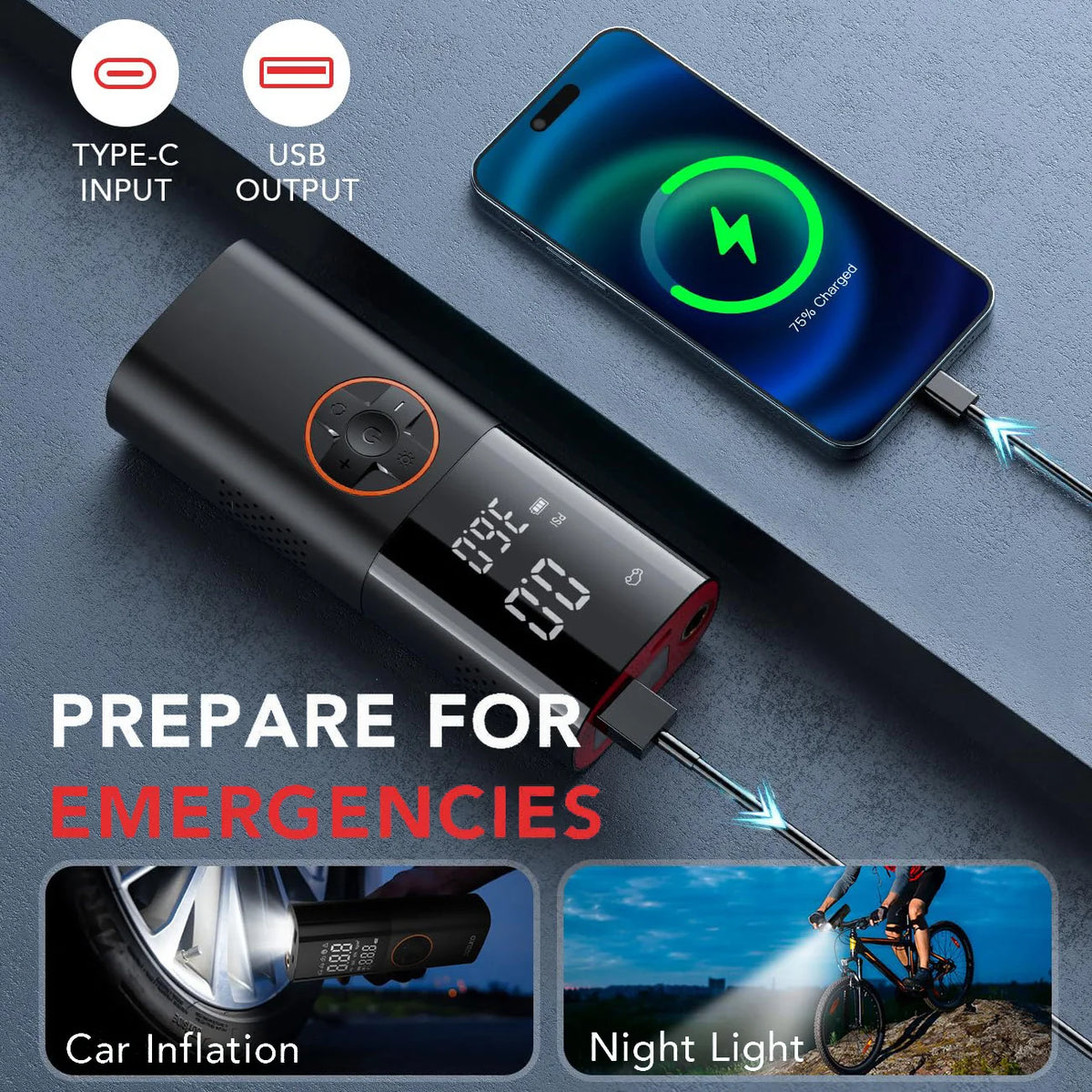 Portable Tire Inflator Compressor With LED Lights And Pressure Gauge