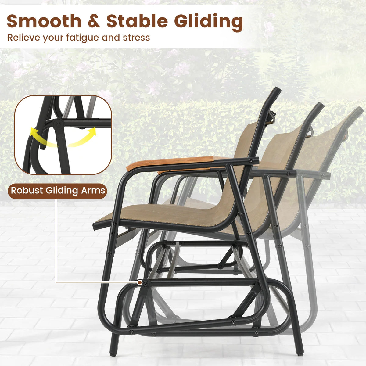 LIFEZEAL Patio Glider Bench With Curved Teak Armrests For Porch