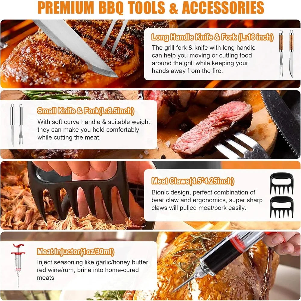 38 Piece Stainless Steel BBQ Tool Set with Thermometer Grill Mats and Aluminum Case for Camping or Backyard