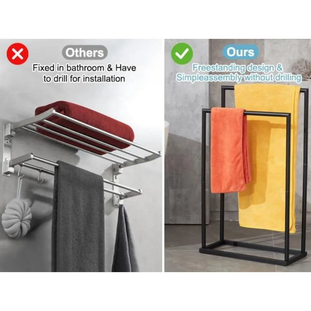 Free Standing 2 Tier Towel Rack with Storage Shelves for Bathroom Poolside Blanket Drying Holder