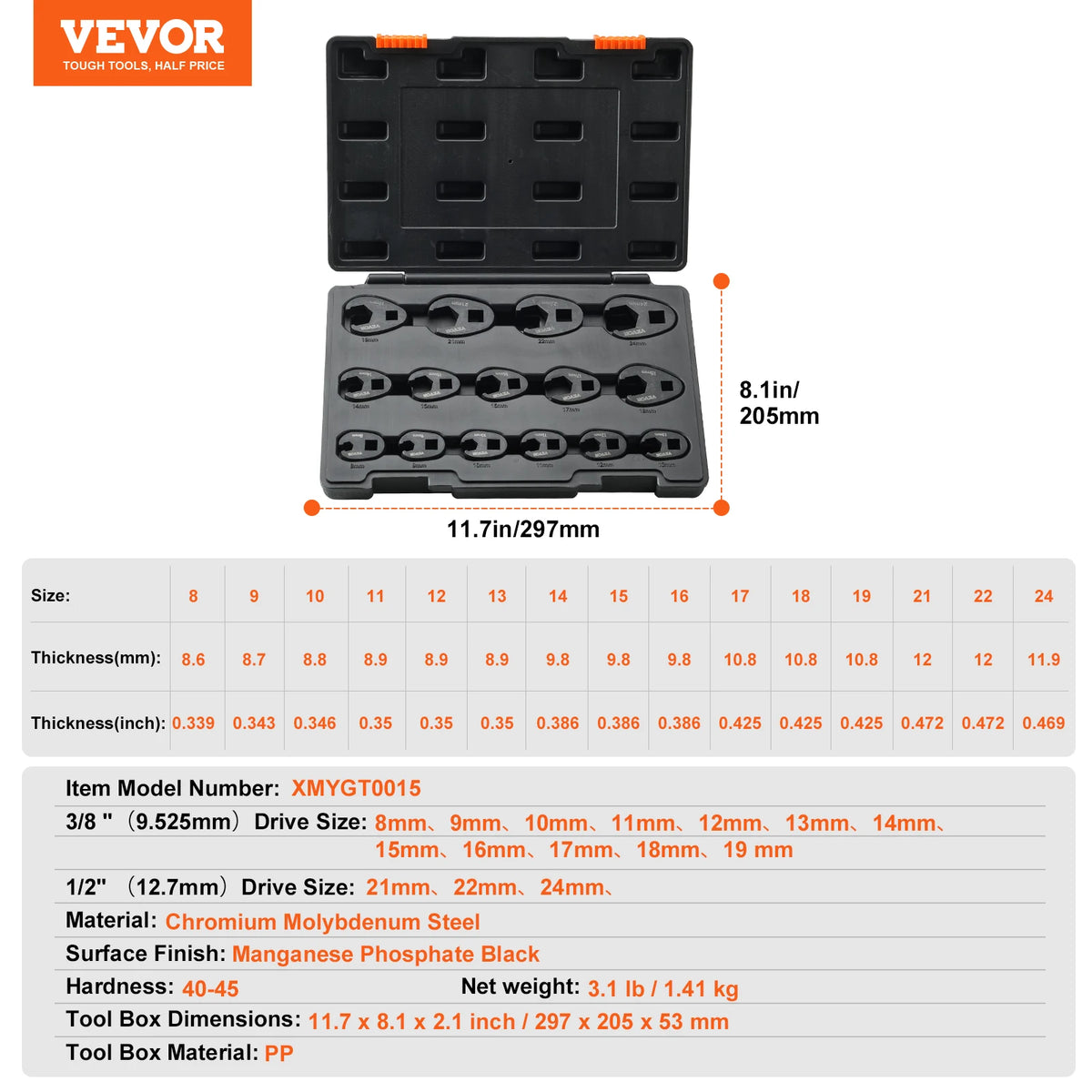 SucceBuy Chromium Vanadium Steel Crowfoot Wrench Set