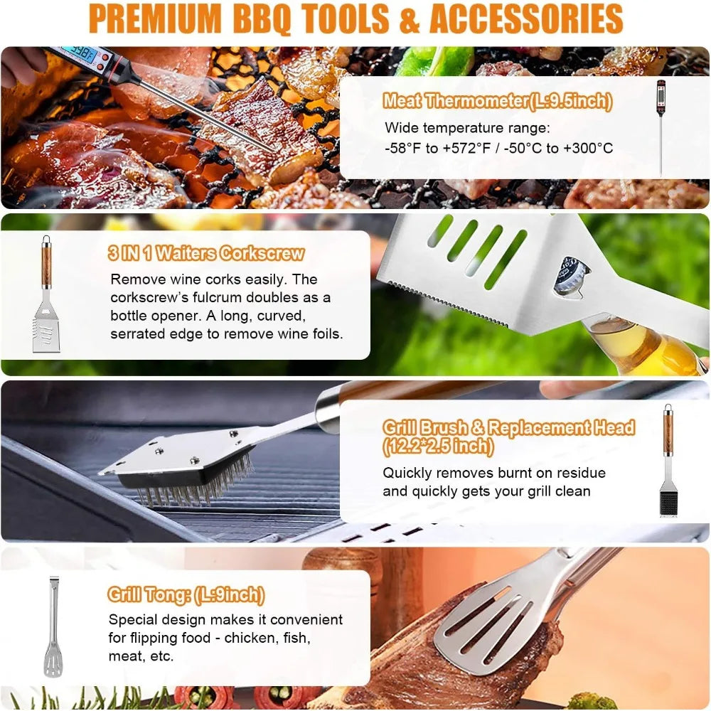 38 Piece Stainless Steel BBQ Tool Set with Thermometer Grill Mats and Aluminum Case for Camping or Backyard
