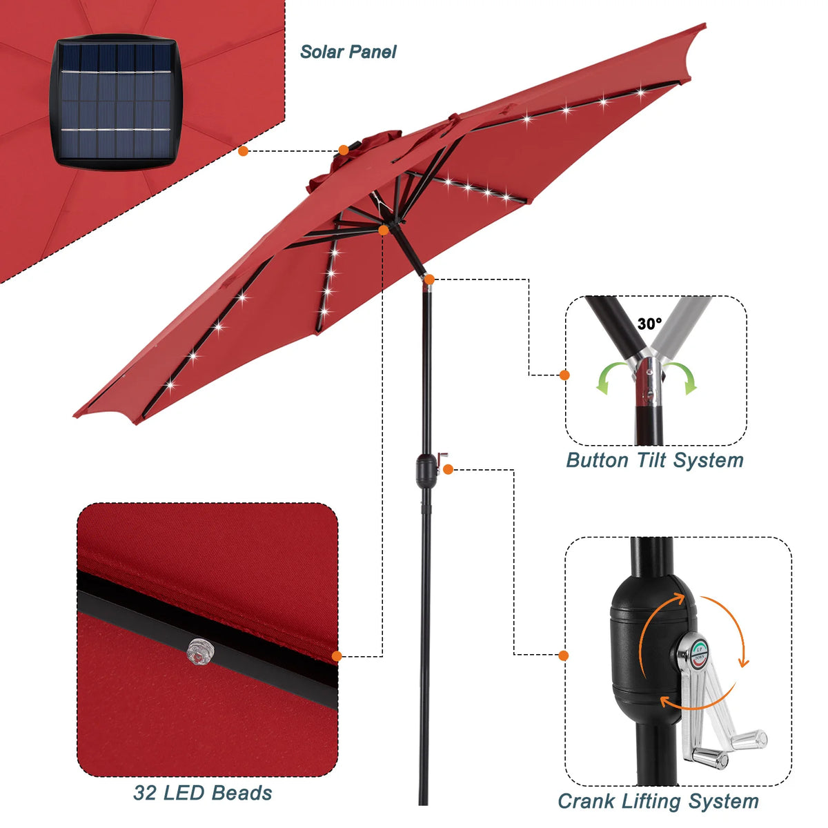 JHK Solar Patio Umbrella With LED Lights Tilt And Crank