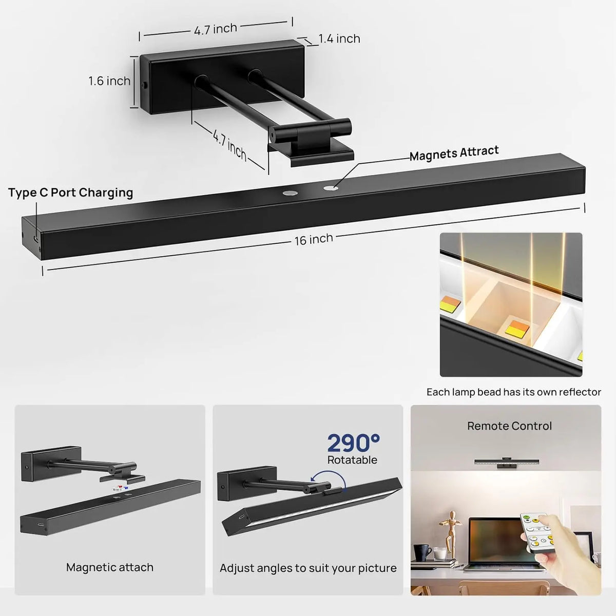 PRTILOUD Wireless Wall Mount Art Light Remote Controlled Dimmable Picture Lamp