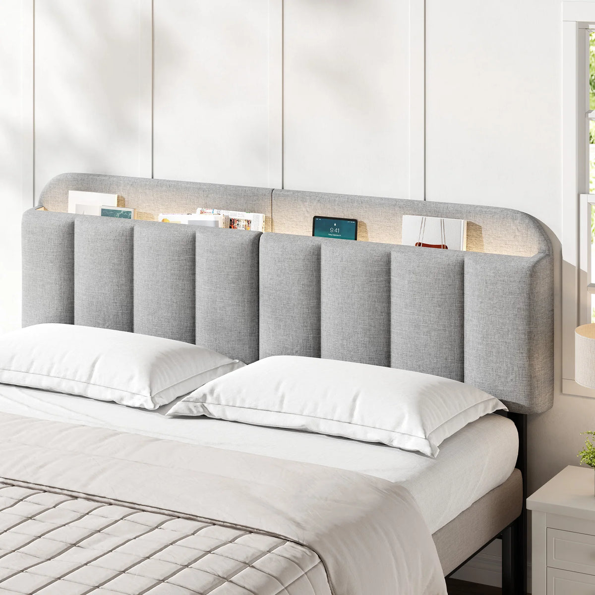 Onbrill Adjustable Linen Headboard With Integrated LED Lighting And Storage